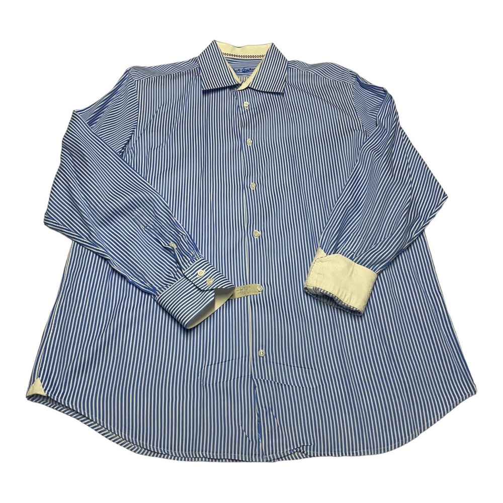 Men's Robert Graham Blue Striped‎ Long Sleeve Button Up Shirt Flip Cuff Sz 17 43